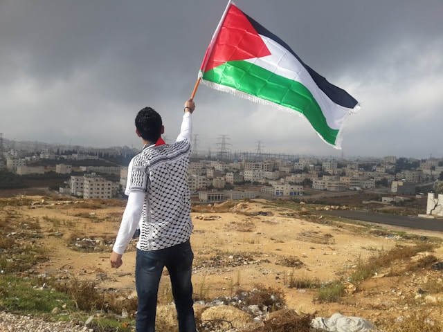 Palestinian protester with flag